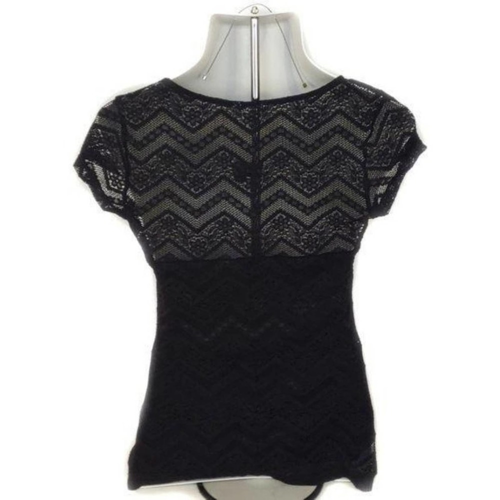 Black Short Sleeve floral Chevron Mesh Lace Top M - Picture 2 of 6